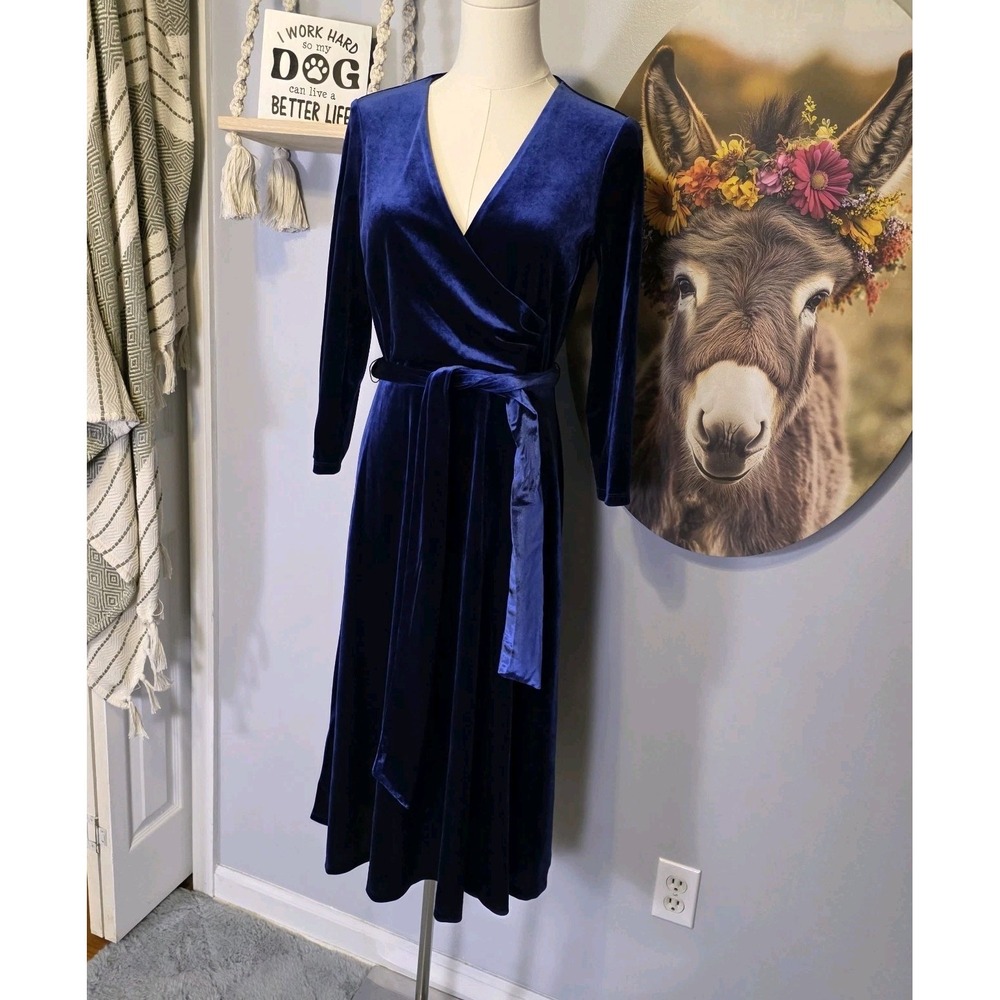 Lauren Ralph‎ Lauren Surplice Belted Velvet Dress Size 12 Blue Stretch